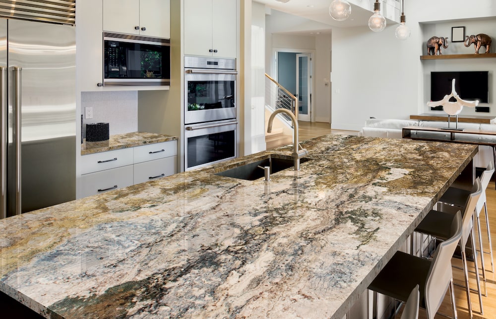 Polished granite kitchen island and countertop