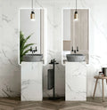 Dekton cladding bathroom vanities with white marble-look finish and vessel sinks — dekton countertops installed by Signature Stone Las Vegas