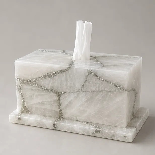 Luxury White Natural Stone Tissue Box Cover – Handcrafted Mosaic