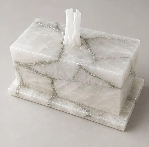 Luxury White Natural Stone Tissue Box Cover – Handcrafted Mosaic