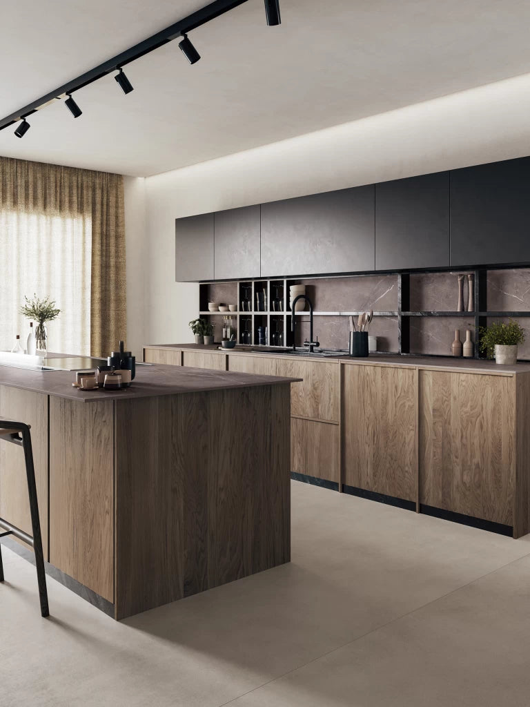 Precious Brown quartz kitchen countertops with wood grain finish and sleek edges — expert countertop fabrication by Signature Stone Las Vegas