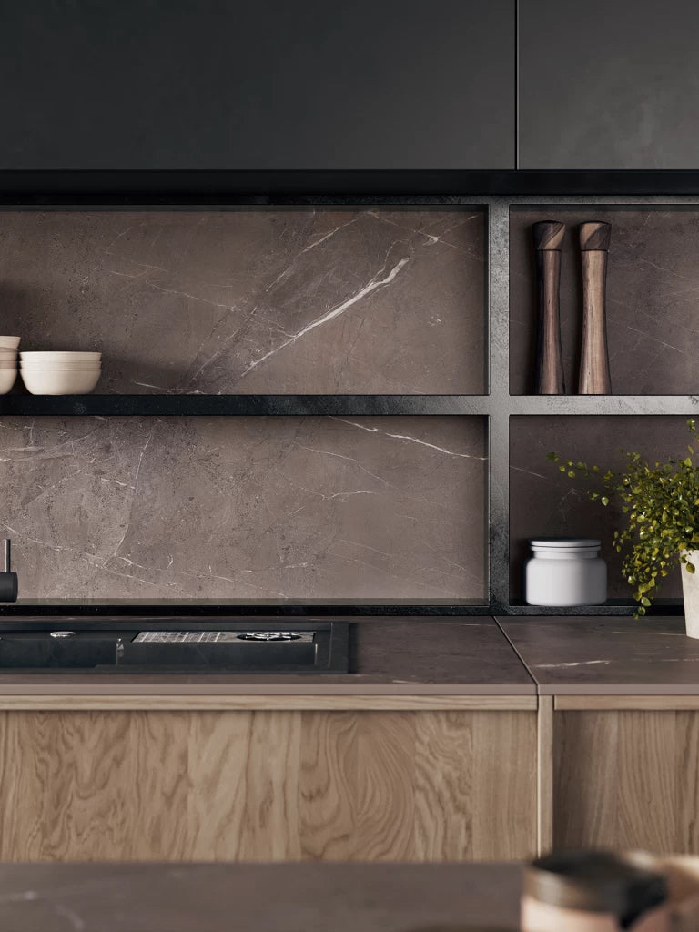 Precious Brown quartz kitchen backsplash with rich veining and matte finish — elegant stone countertops installed by Signature Stone Las Vegas