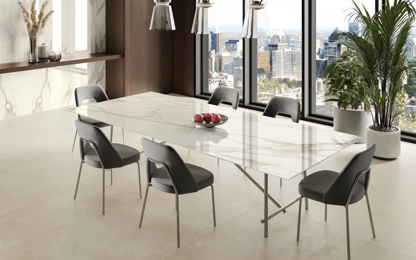 Calacatta Bernini quartz dining table with polished white marble veining and waterfall edge — premium countertop fabrication by Signature Stone Las Vegas