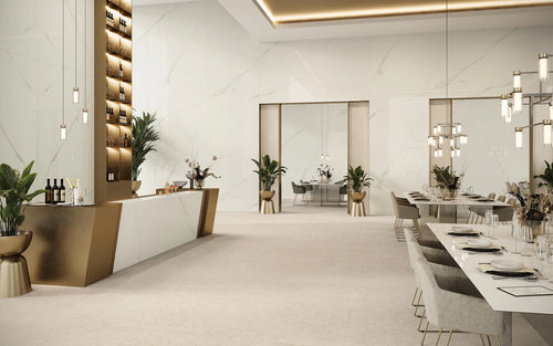Calacatta Meraviglia marble restaurant bar and dining surfaces with white veining and polished finish — elegant stone countertops installed by Signature Ston...