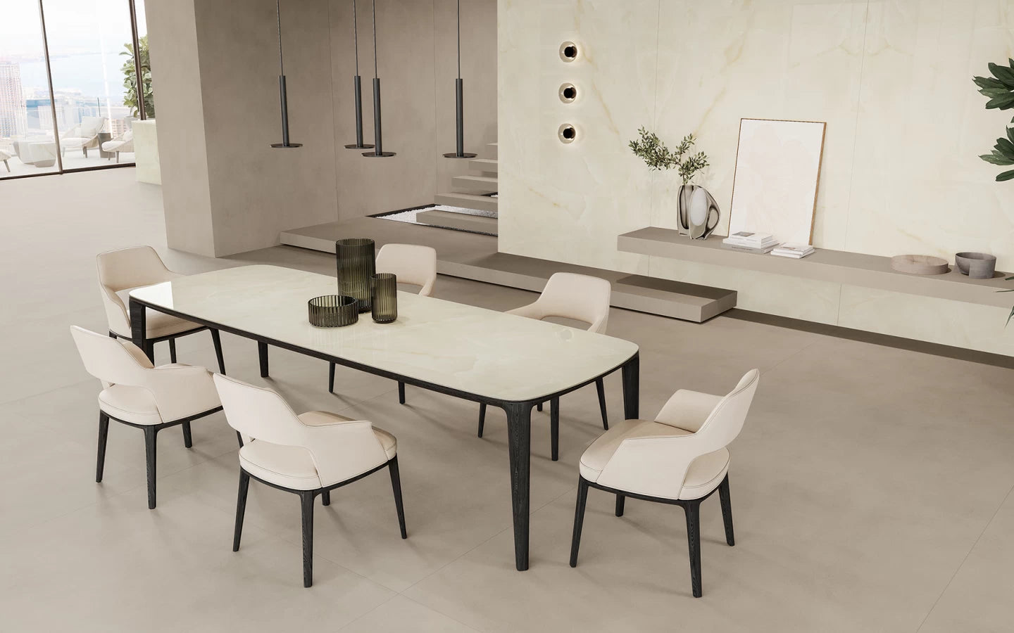 Onyx white kitchen island and dining table with clean edges and polished finish — expert countertop fabrication by Signature Stone Las Vegas