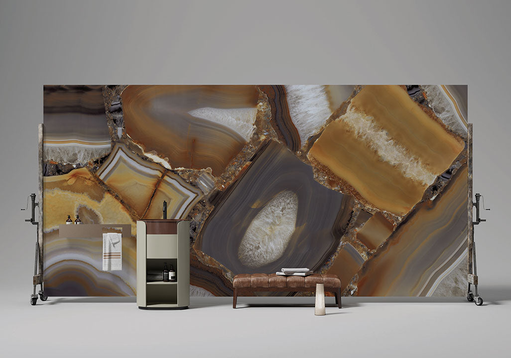 Agata Fuoco stone slab with golden brown agate patterns and crystalline formations — ideal for custom countertops fabricated and installed by Signature Stone LV