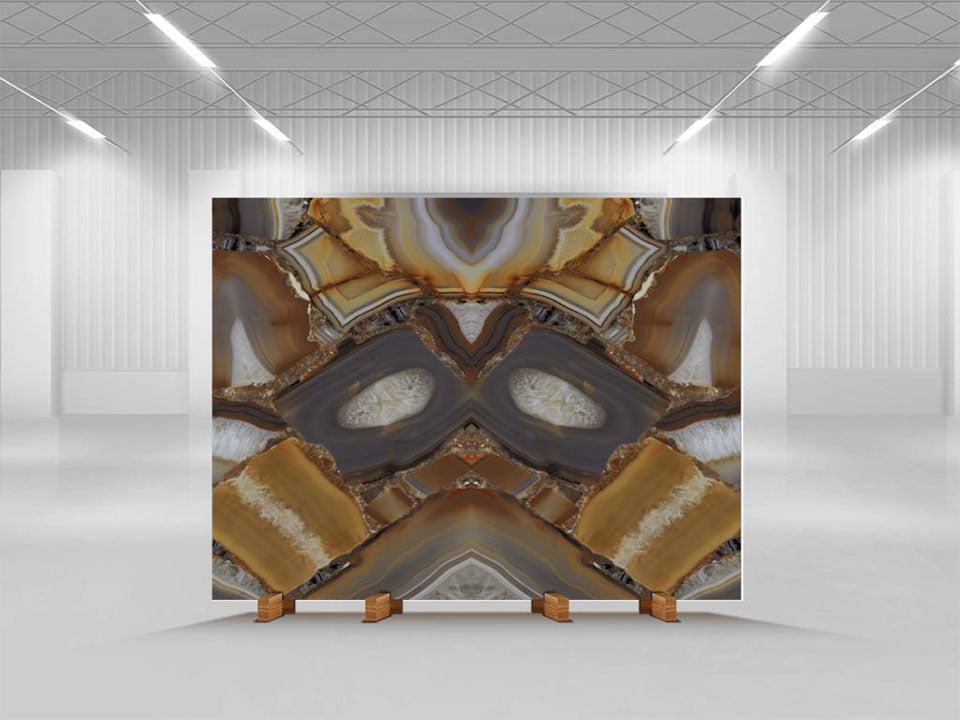 Agata Fuoco natural stone slab with golden amber tones and dramatic veining patterns — premium stone countertops installed by Signature Stone Las Vegas