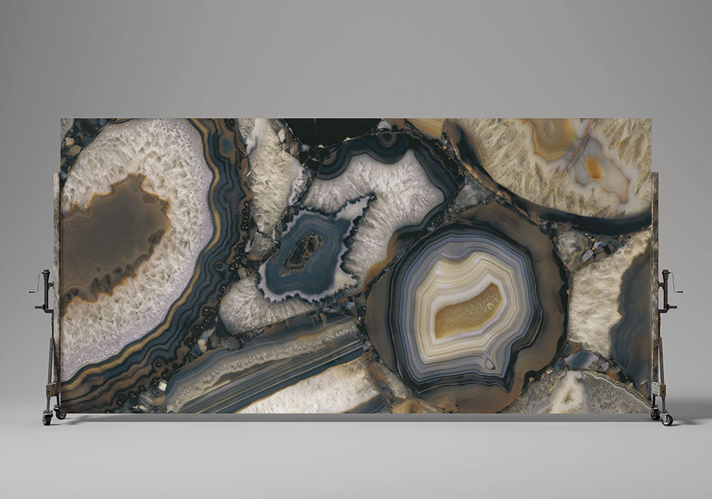 Agata Terra natural stone slab with dramatic blue and cream agate patterns and polished finish — premium stone countertops installed by Signature Stone Las V...