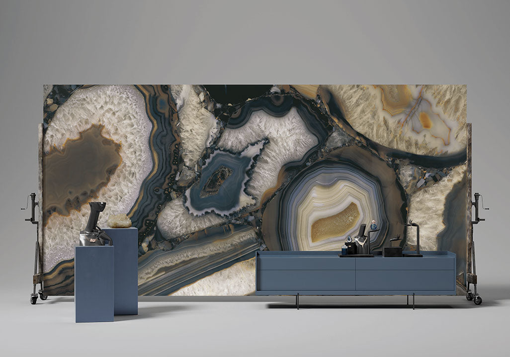 Agata Terra stone slab with dramatic blue, cream and gold veining patterns — perfect for custom countertops fabricated and installed by Signature Stone LV