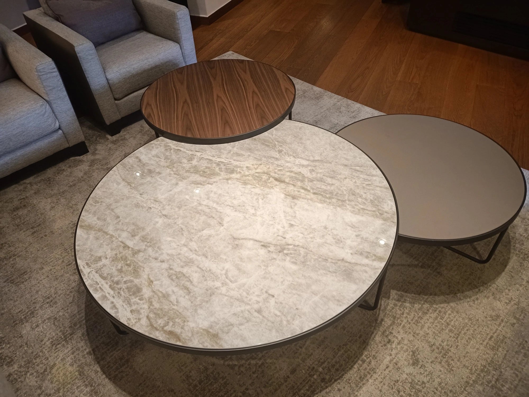 Dekton Arga coffee table surfaces in light marble pattern with matte finish — perfect for dekton kitchen countertops by Signature Stone Las Vegas