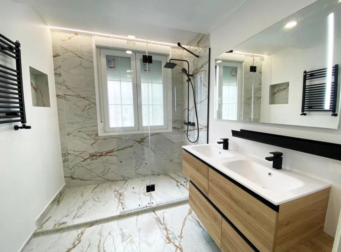 Dekton Awake bathroom vanity with white marble-look finish and black trim — premium dekton kitchen countertops by Signature Stone Las Vegas