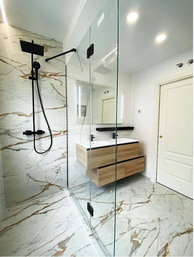 Dekton Awake bathroom vanity with white marble veining and waterfall edge — premium dekton countertops installed by Signature Stone Las Vegas