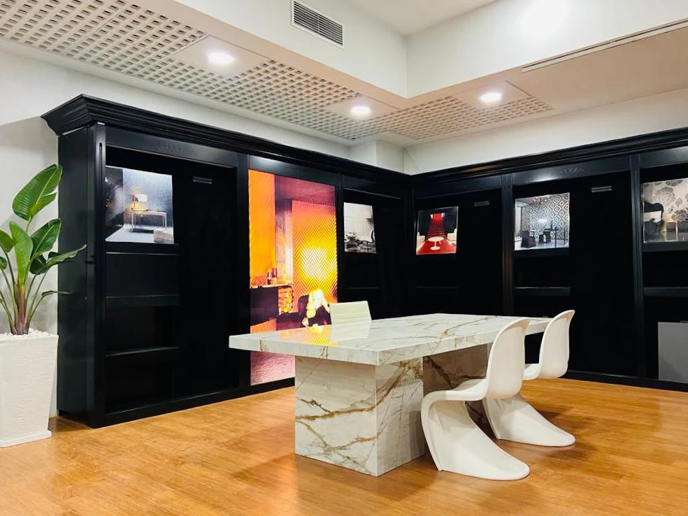 Dekton Awake dining table with white marble-look finish and gold veining — premium dekton countertops installed by Signature Stone Las Vegas