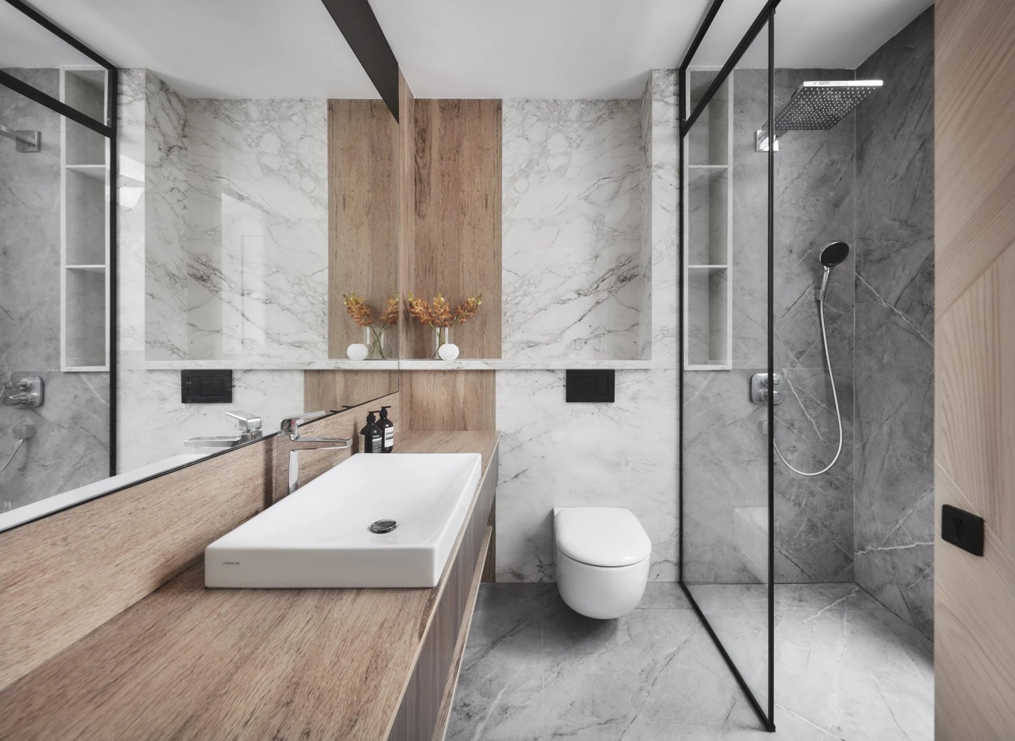Dekton Bergen bathroom vanity countertop with white rectangular vessel sink and light wood grain finish — premium dekton surfaces fabricated and installed by...