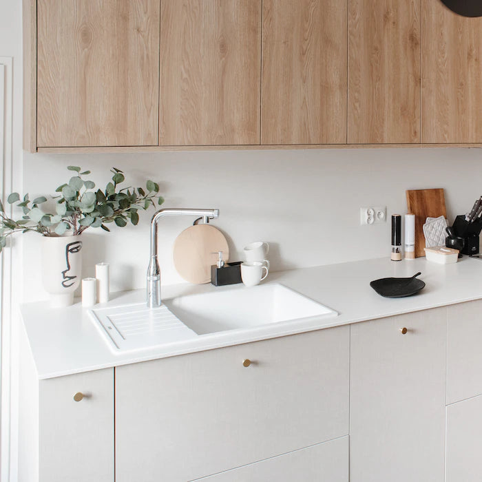 Silestone Blanco Maple kitchen countertops with white finish and modern sink — engineered quartz countertops fabricated and installed by Signature Stone LV