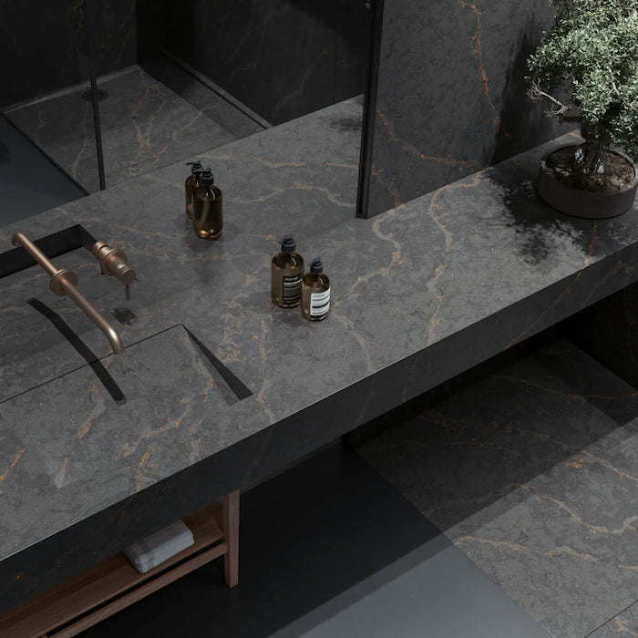 Silestone Bohemian Flame bathroom vanity with dark gray veining and integrated sink — engineered quartz countertops fabricated and installed by Signature Sto...