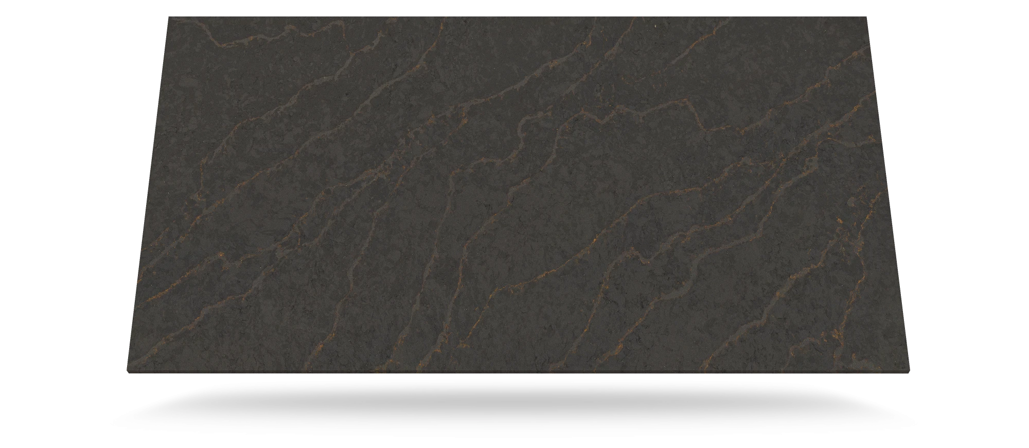 Silestone Bohemian Flame quartz slab with dark charcoal base and golden bronze veining — premium quartz countertops near me by Signature Stone Las Vegas