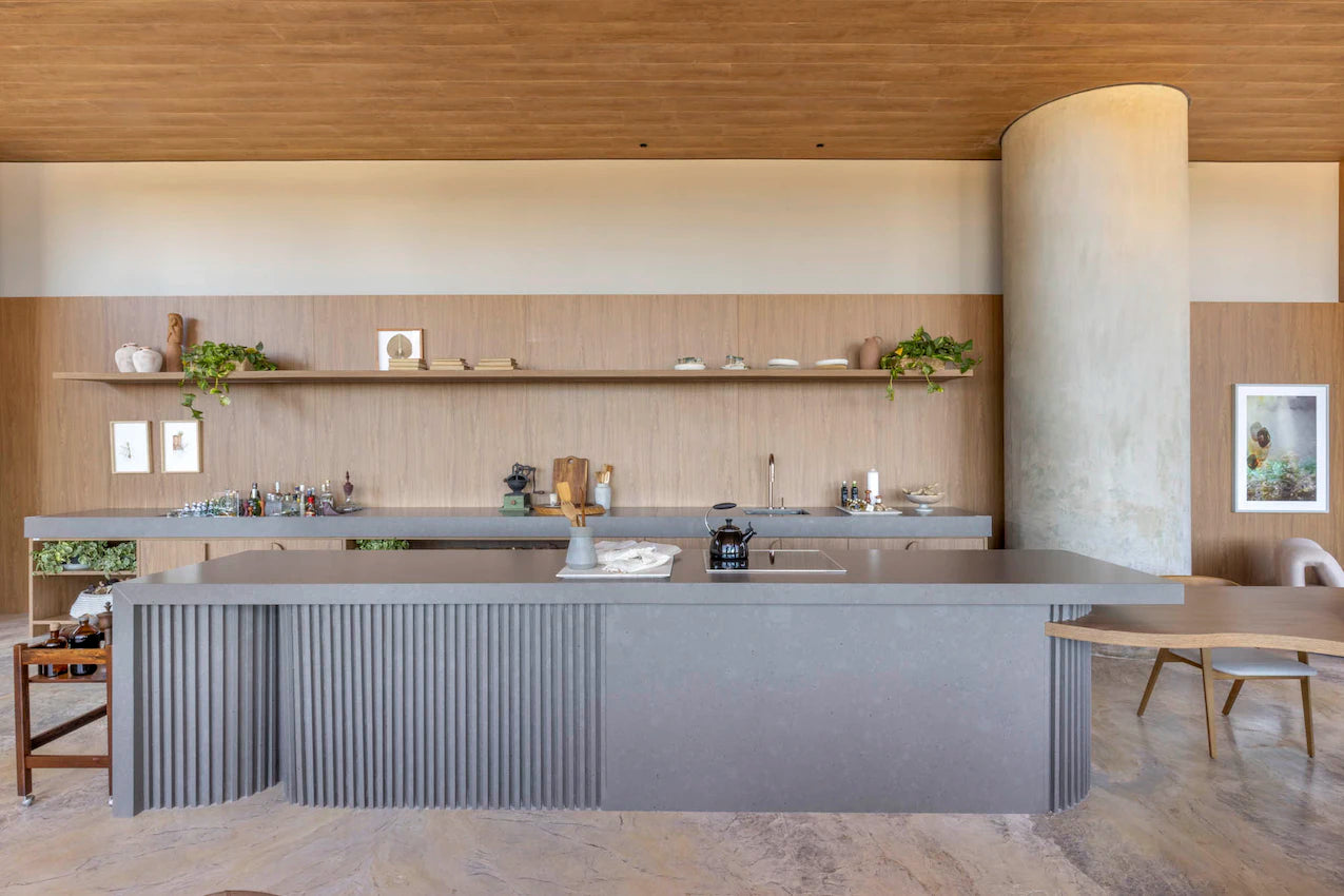 Silestone quartz kitchen island with fluted gray surface and matching countertops — premium quartz countertops near me by Signature Stone Las Vegas