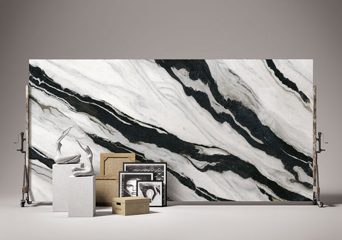 Calacatta Panda marble slab with dramatic black and white veining patterns — premium stone countertops installed by Signature Stone Las Vegas