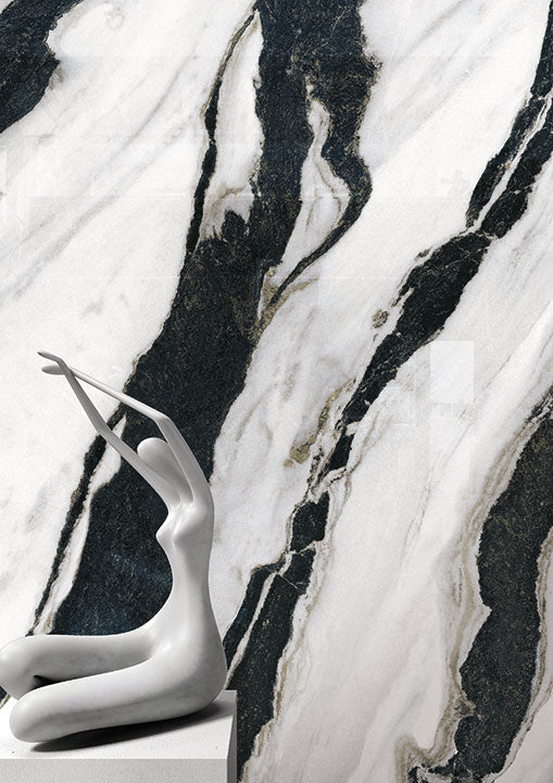 Calacatta Panda marble surface with dramatic black veining and white base — premium countertop fabrication by Signature Stone Las Vegas