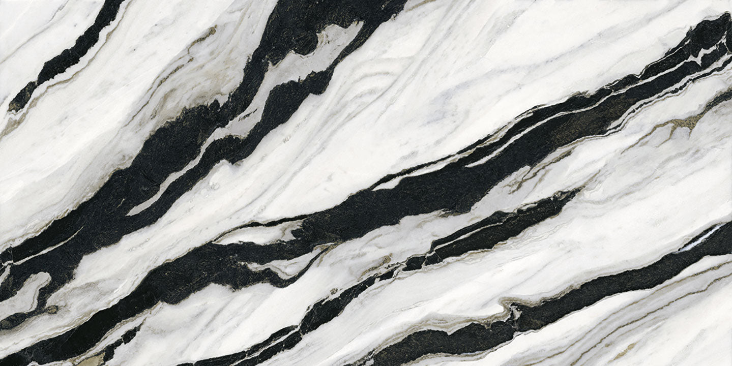 Calacatta Panda marble slab with dramatic black veining on white background — premium stone countertops installed by Signature Stone Las Vegas