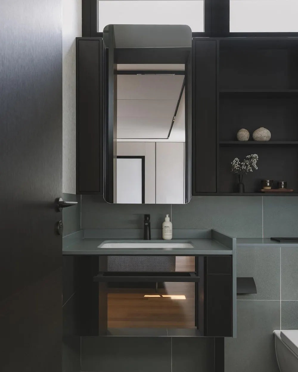 Silestone Cala Blue bathroom vanity with sleek gray finish and integrated sink — engineered quartz countertops fabricated and installed by Signature Stone LV