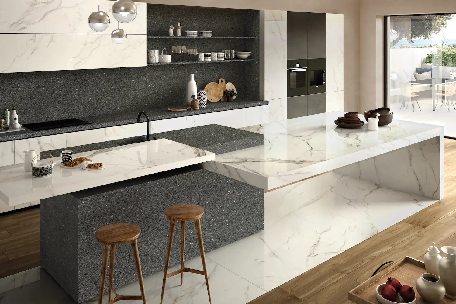 Calacatta Oro marble kitchen island and countertops with white veining and polished finish — elegant stone countertops installed by Signature Stone Las Vegas