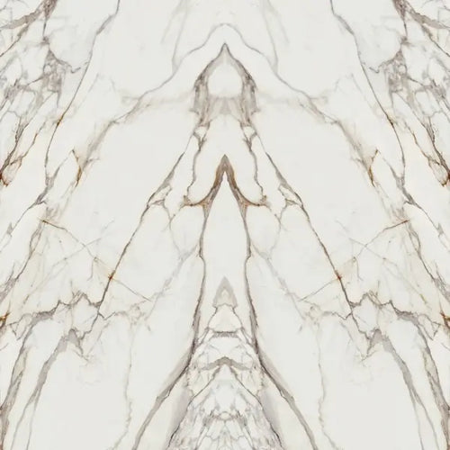 Calacatta Dorato marble surface with dramatic white base and bold grey veining in symmetrical book-matched pattern — custom countertops fabricated and instal...
