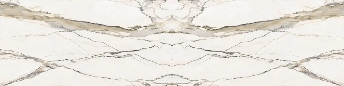 Calacatta Gold Premium marble slab with dramatic white background and bold gray veining — elegant custom countertops fabricated and installed by Signature St...