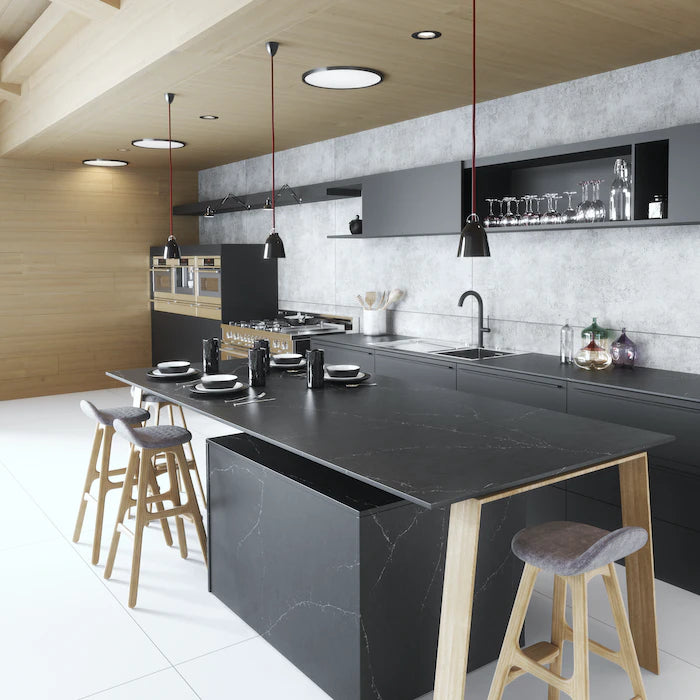 Silestone Charcoal Soapstone kitchen island with dark veined surface and waterfall edge — engineered quartz countertops fabricated and installed by Signature...