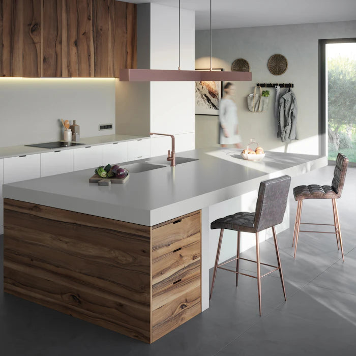 Silestone Cincel Grey kitchen island with waterfall edge and white cabinetry — modern quartz countertops installed by Signature Stone Las Vegas