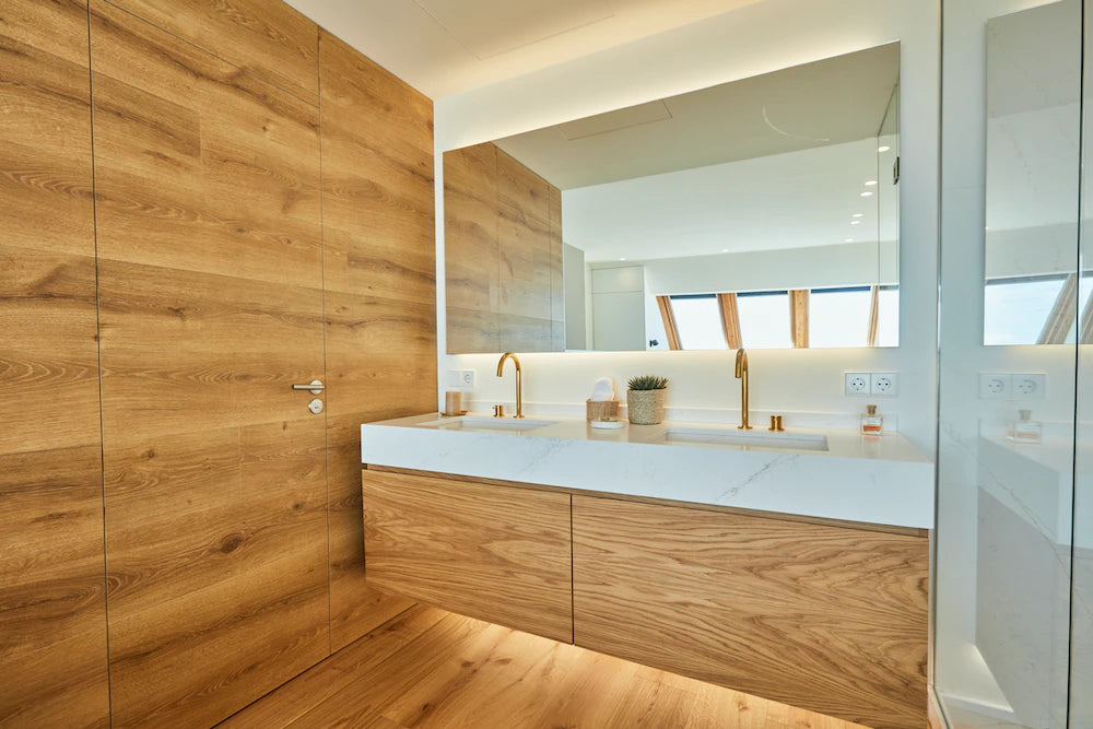 Silestone Cincel Grey bathroom vanity with white marble-look finish and clean edges — engineered quartz countertops fabricated and installed by Signature Sto...