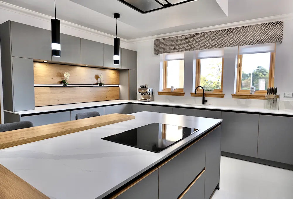 Silestone Classic Calacatta quartz kitchen island and perimeter countertops with white finish and wood accents — quartz countertops near me by Signature Ston...