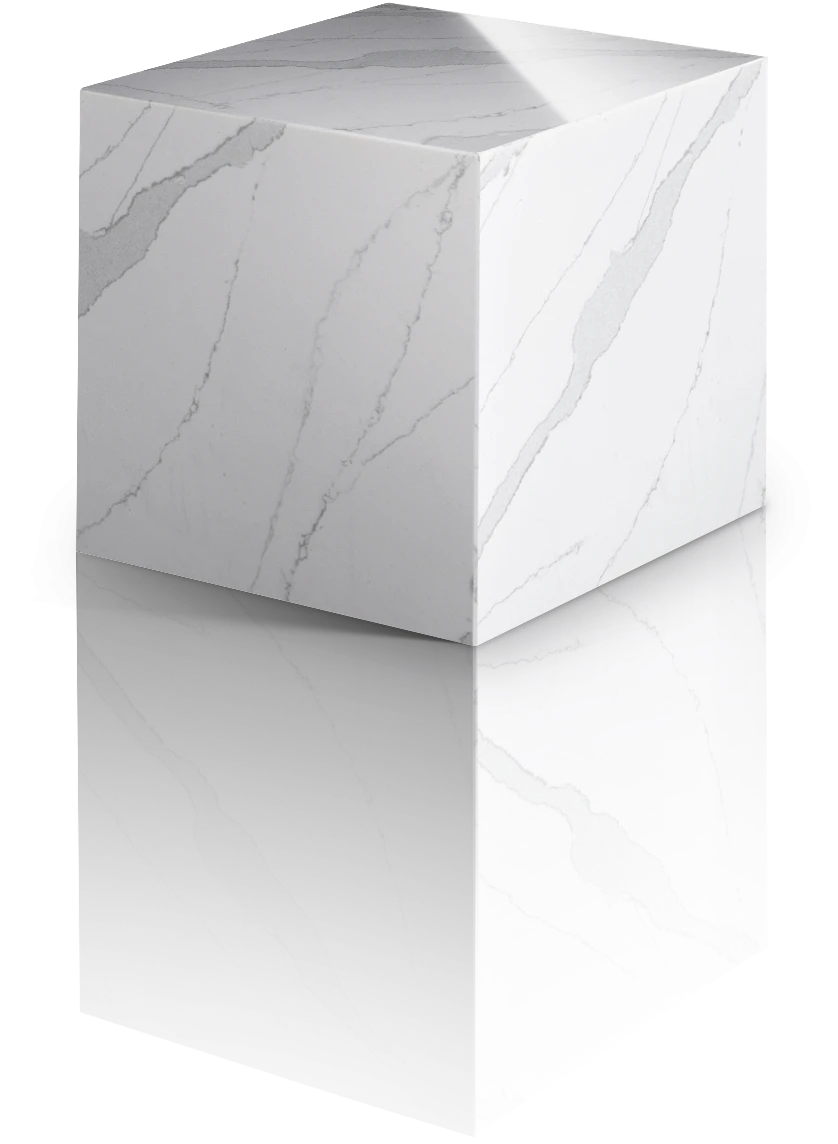 Silestone Classic Calacatta slab with white marble-look veining and polished finish — engineered quartz countertops fabricated and installed by Signature Sto...