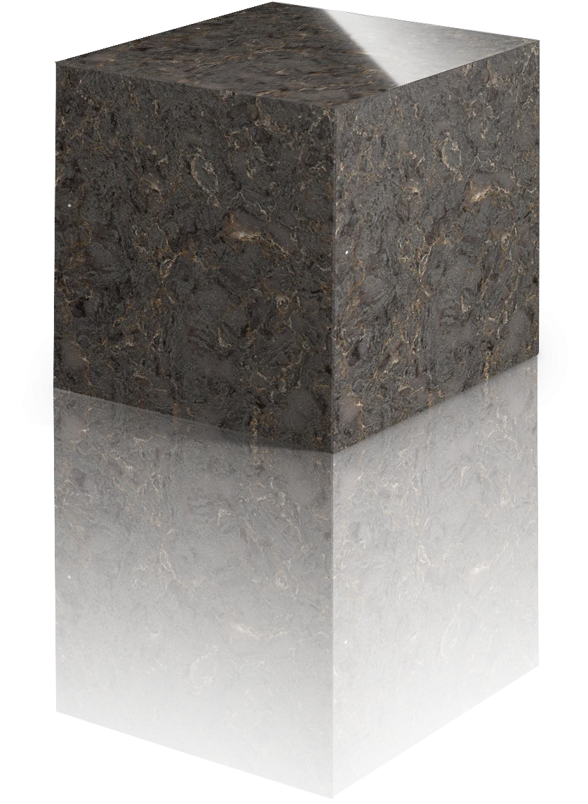 Silestone Copper Mist quartz cube sample with dark charcoal surface and bronze veining — quartz countertops installed by Signature Stone Las Vegas
