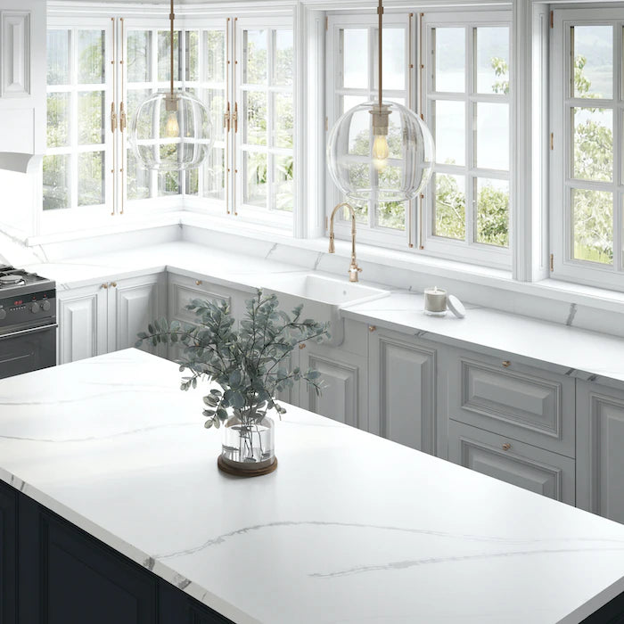 Silestone Et Bella quartz kitchen countertops with white marble veining and polished finish in bright modern kitchen — quartz countertops near me by Signatur...