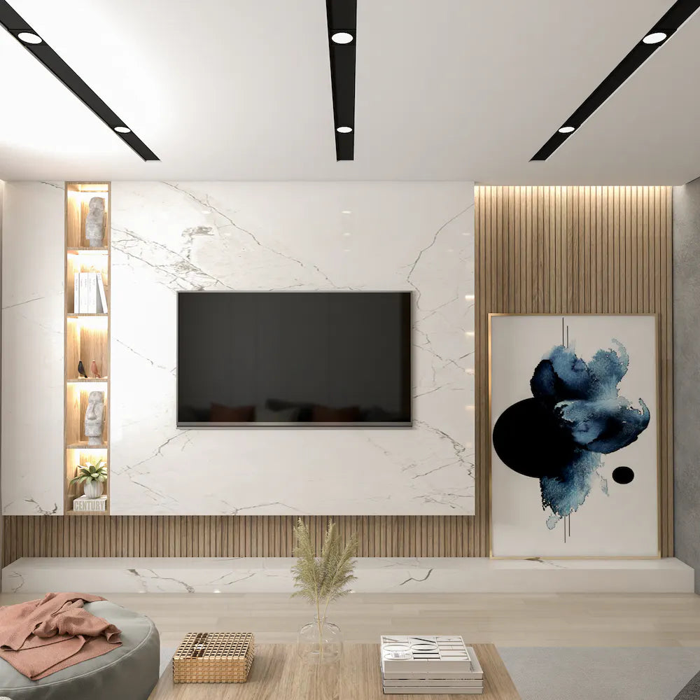 Silestone Et Bella wall cladding with white marble-look veining and modern wood accents — elegant quartz countertops installed by Signature Stone Las Vegas