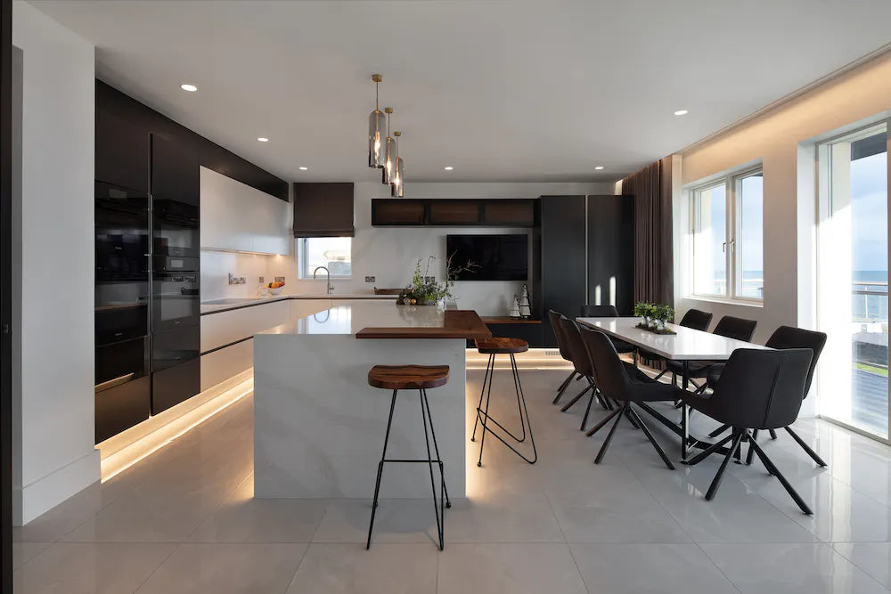 Silestone quartz kitchen island and perimeter countertops with white finish and waterfall edge — premium quartz countertops near me by Signature Stone Las Vegas