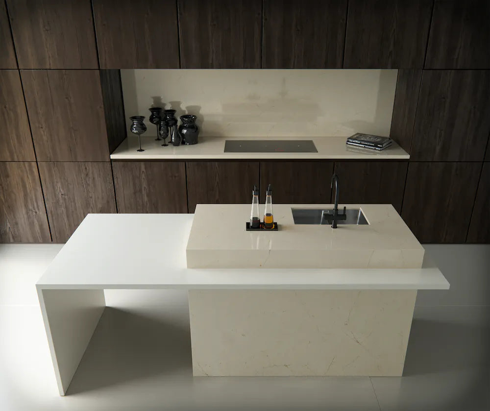 Silestone Et Marfil kitchen island with white veined finish and waterfall edge — engineered quartz countertops fabricated and installed by Signature Stone LV
