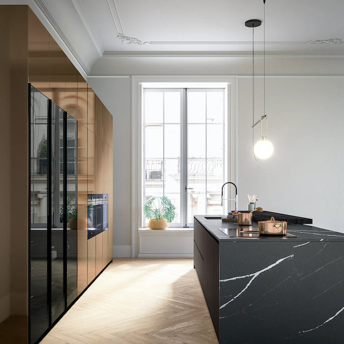 Silestone Et Marquina kitchen island with dramatic black marble-look veining and sleek edges — engineered quartz countertops fabricated and installed by Sign...