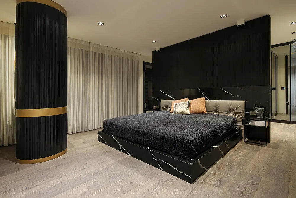 Silestone Et Marquina bedroom platform with dramatic black marble-look veining and polished finish — premium quartz countertops installed by Signature Stone ...