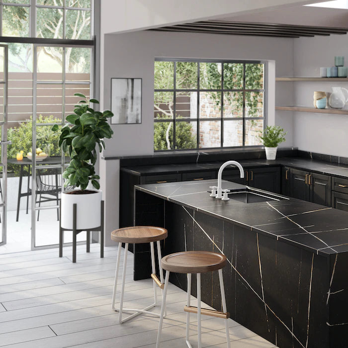 Silestone Et Noir kitchen island with dramatic black veining and waterfall edge — engineered quartz countertops fabricated and installed by Signature Stone LV