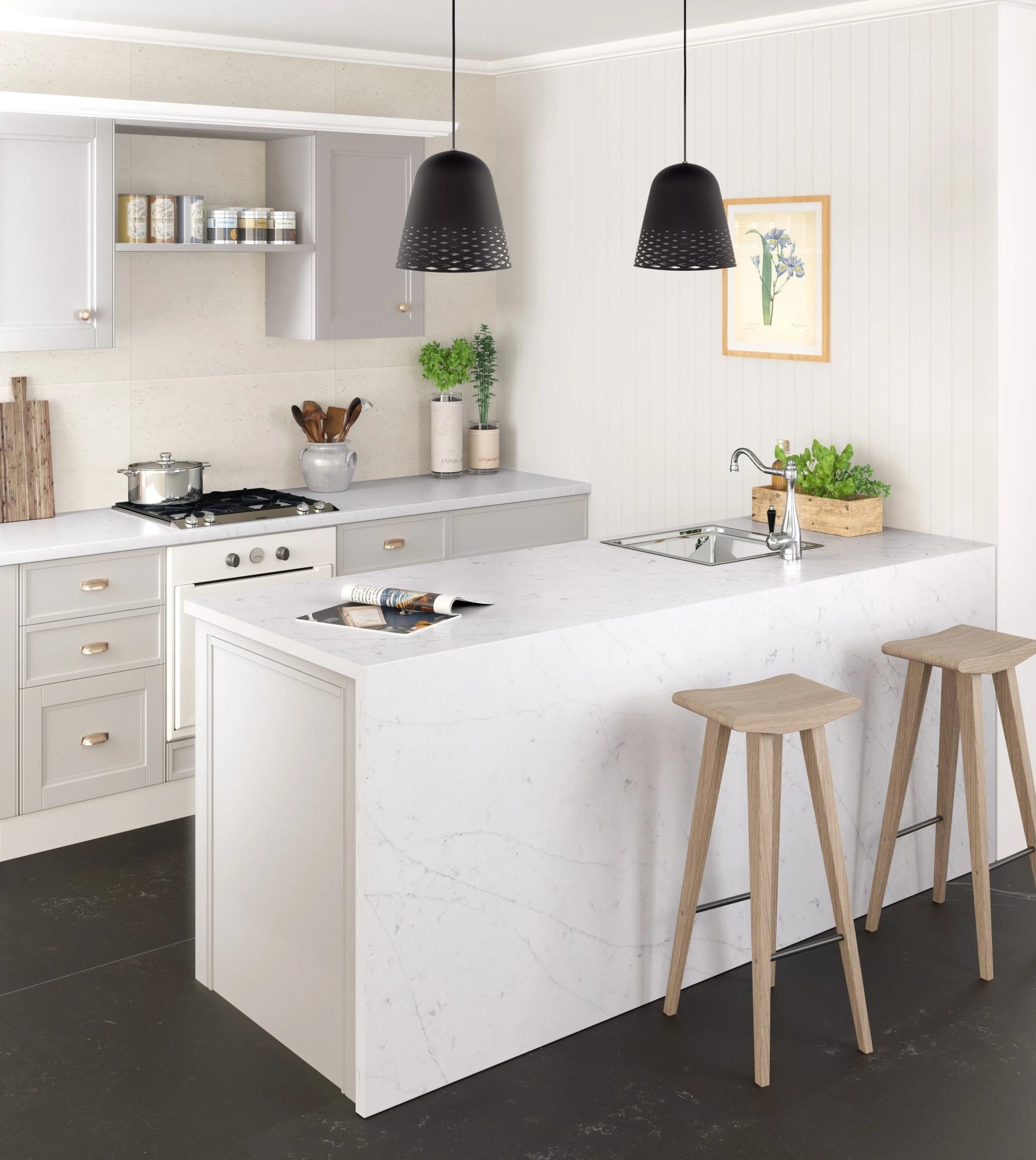 Silestone Et Statuario kitchen island with white marble veining and matching perimeter surfaces — quartz countertops installed by Signature Stone Las Vegas