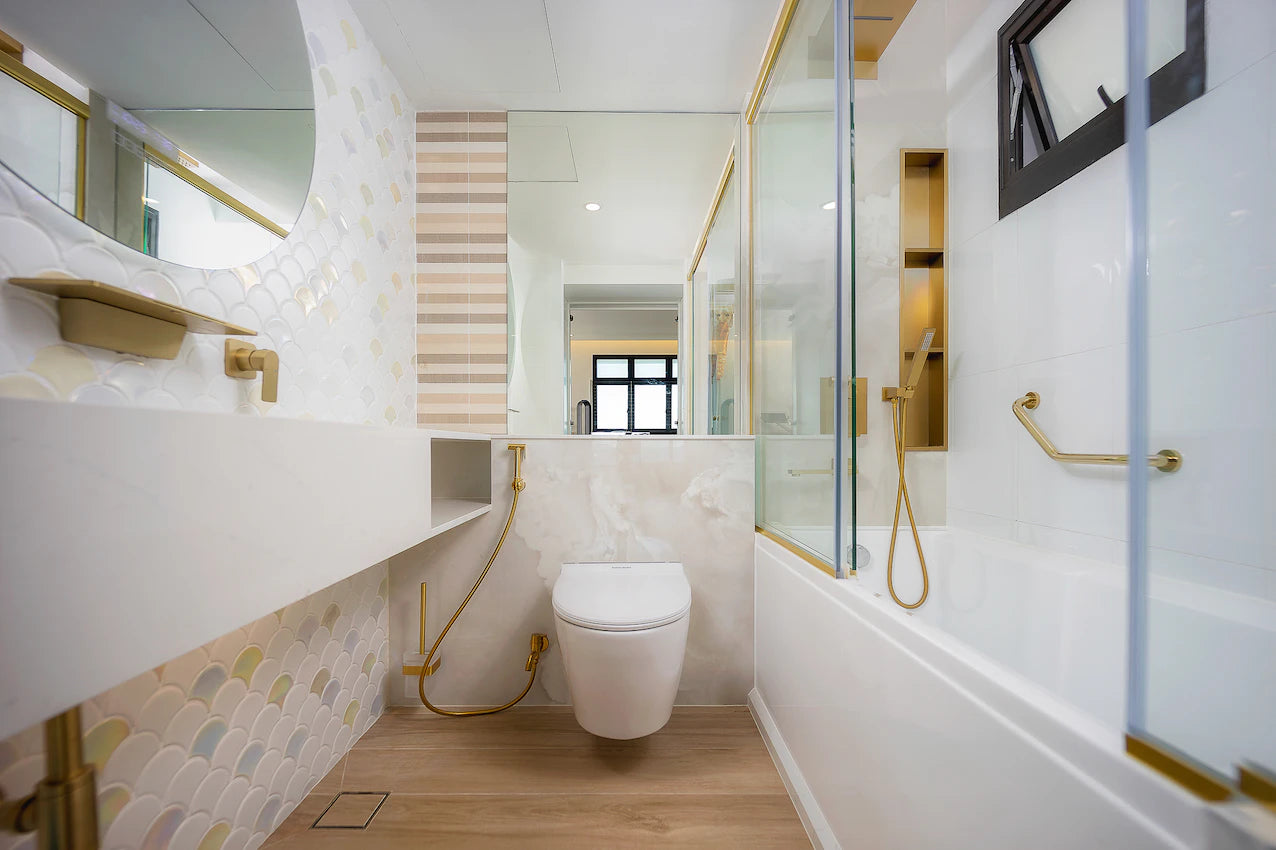 Silestone Ethereal Dusk quartz bathroom vanity with white marble veining and gold fixtures — quartz countertops near me by Signature Stone Las Vegas