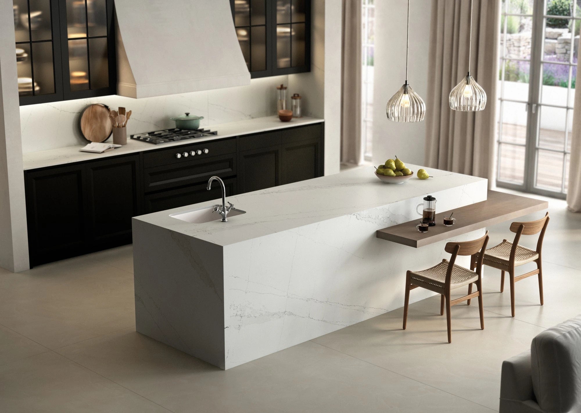Silestone Ethereal Dusk quartz kitchen island with white marble veining and waterfall edge — premium quartz countertops near me by Signature Stone Las Vegas