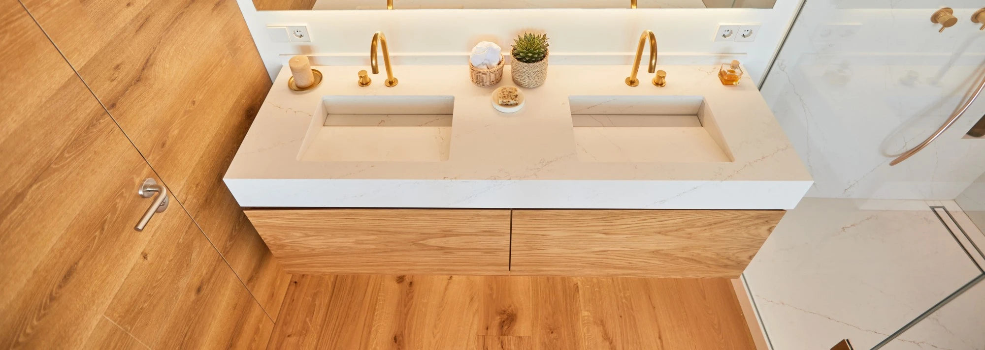 Silestone Ethereal Glow bathroom vanity with integrated sink featuring warm beige tones and smooth finish — engineered quartz countertops fabricated and inst...
