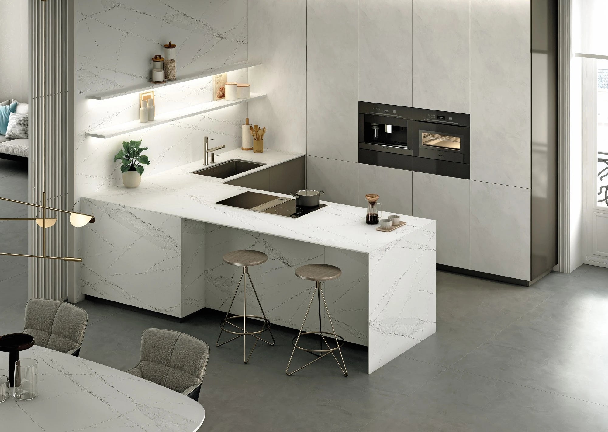 Silestone Ethereal Haze kitchen island with white marble-look veining and waterfall edge — engineered quartz countertops fabricated and installed by Signatur...