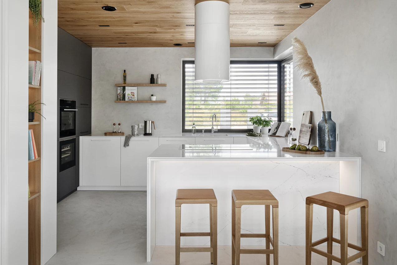 Silestone Ethereal Noctis quartz kitchen island with white marble-look veining and clean edges — quartz countertops near me by Signature Stone Las Vegas