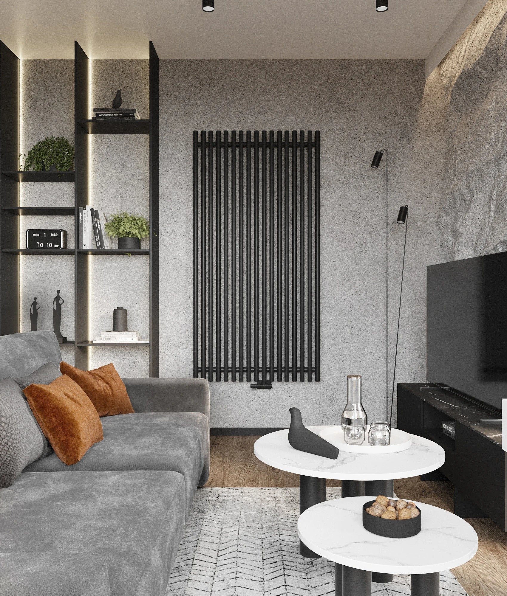 Silestone Ethereal Noctis quartz media console with dark veining and polished finish in modern living room — quartz countertops near me by Signature Stone La...