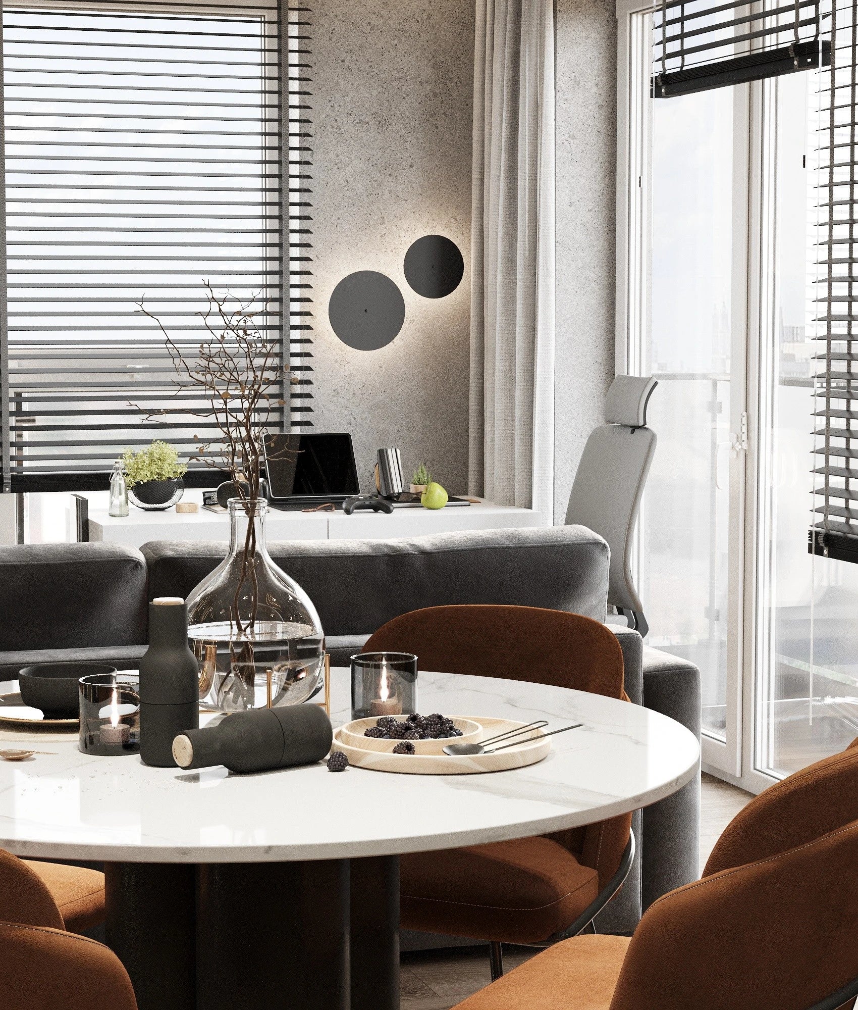 Silestone Ethereal Noctis round dining table with white marble-look surface and sleek edges — premium quartz countertops installed by Signature Stone Las Vegas